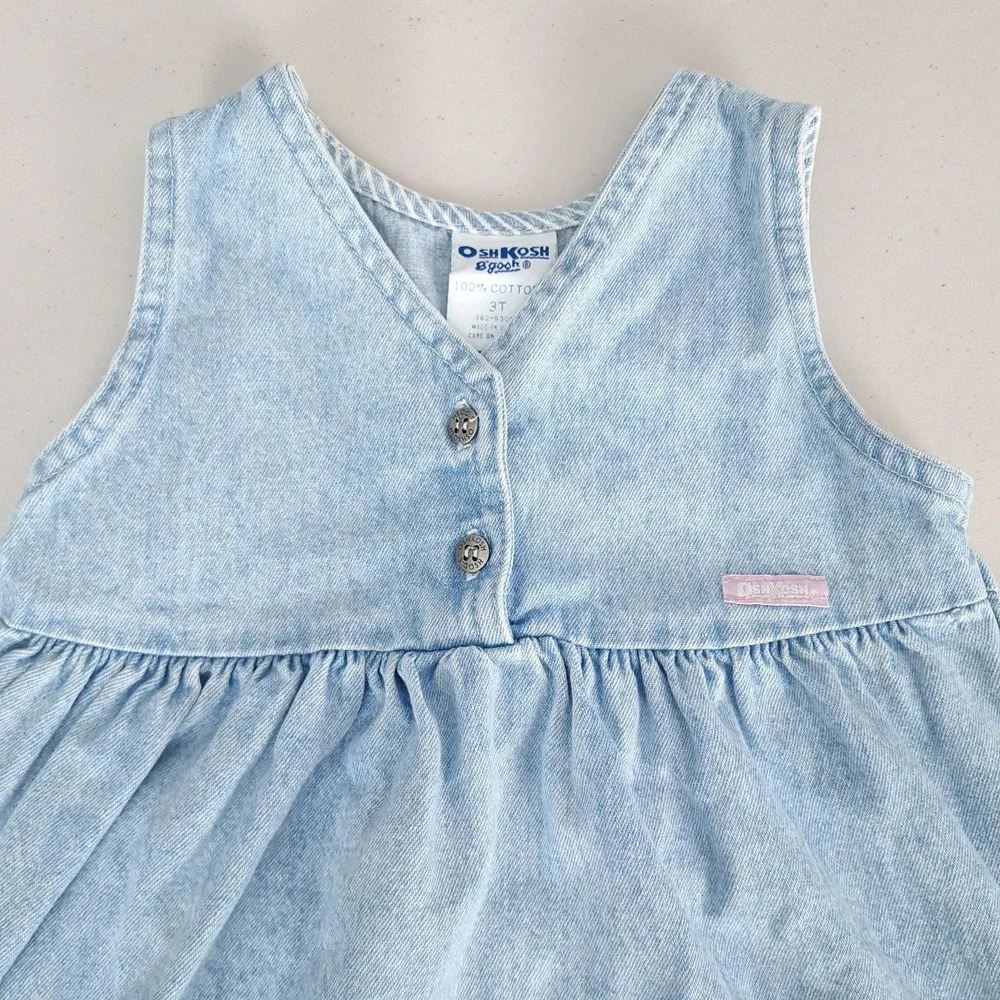 Vintage OshKosh B'gosh Denim Sundress Girls 3T Light Wash Knee Length USA 90s